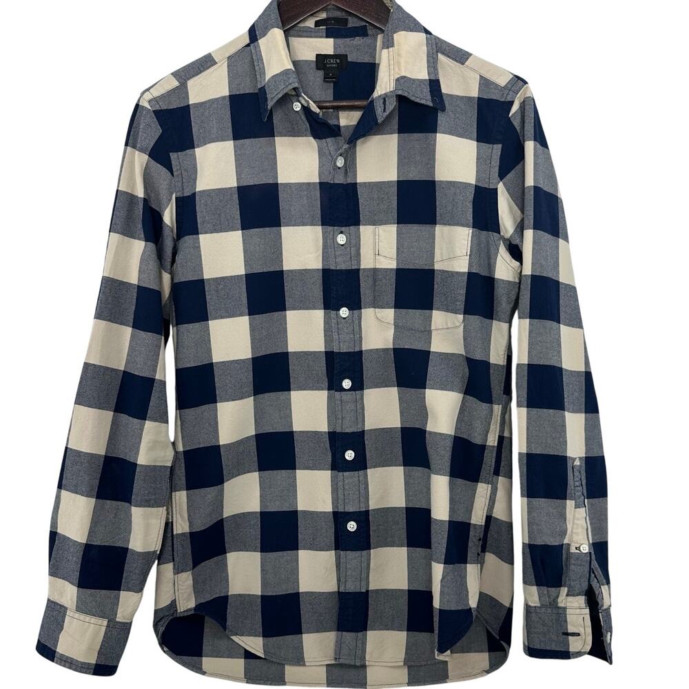 J.Crew Oxford Shirt Mens S Slim Fit Blue Tan Buffalo Plaid Cotton Button Up